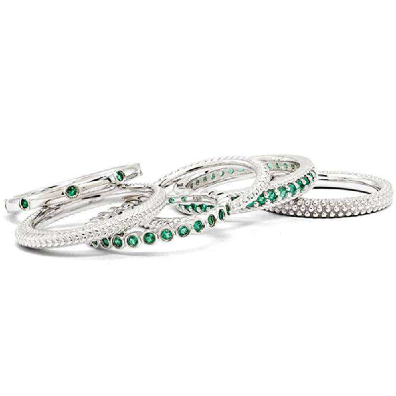 Ladies rings group designs-Sterling Silver & Created Emerald Stackable Band Ring Set