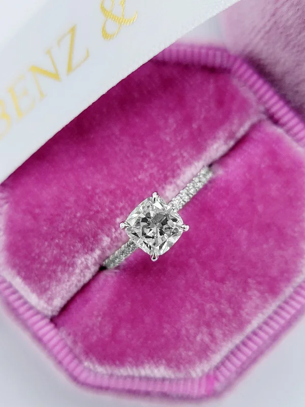 Ladies engagement rings round cut-1.50 Carats Cushion Cut Micropave Side Stones Hidden Halo Diamond Engagement Ring