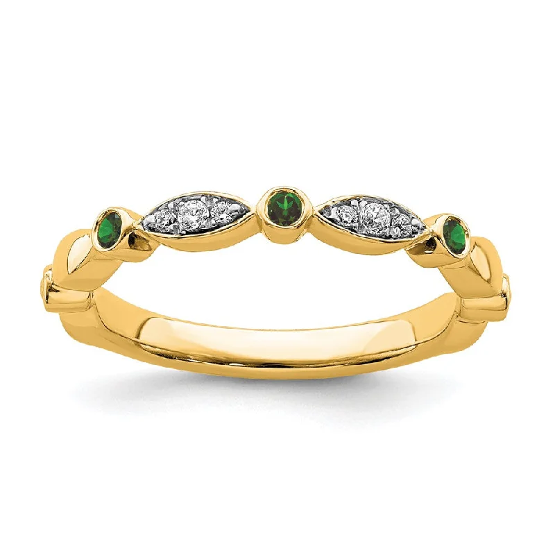 Ladies rings natural stones-14k Yellow Gold Created Emerald & .05 Ctw Diamond Stackable Band