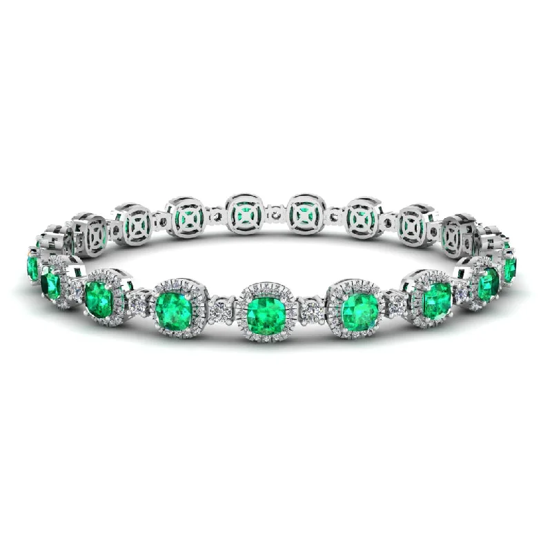 Ladies bracelets sibling sets-Cushion Shape 8.5 Carat Emerald Featuring Diamond Halo Bracelet BRHACCE