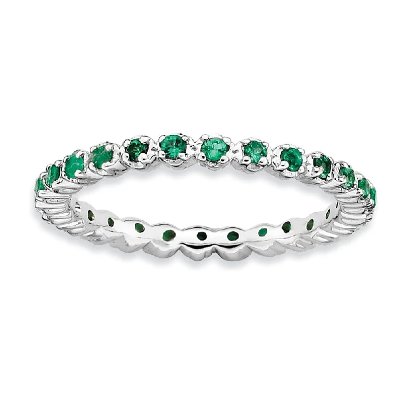 Ladies rings open patterns-2.25mm Sterling Silver Stackable Created Emerald Prong Set Band