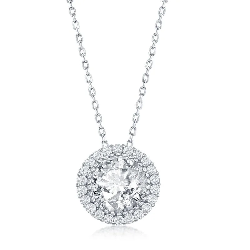 Ladies necklaces birthday treats-Sterling Silver 12mm Round Halo Cubic Zirconia Necklace