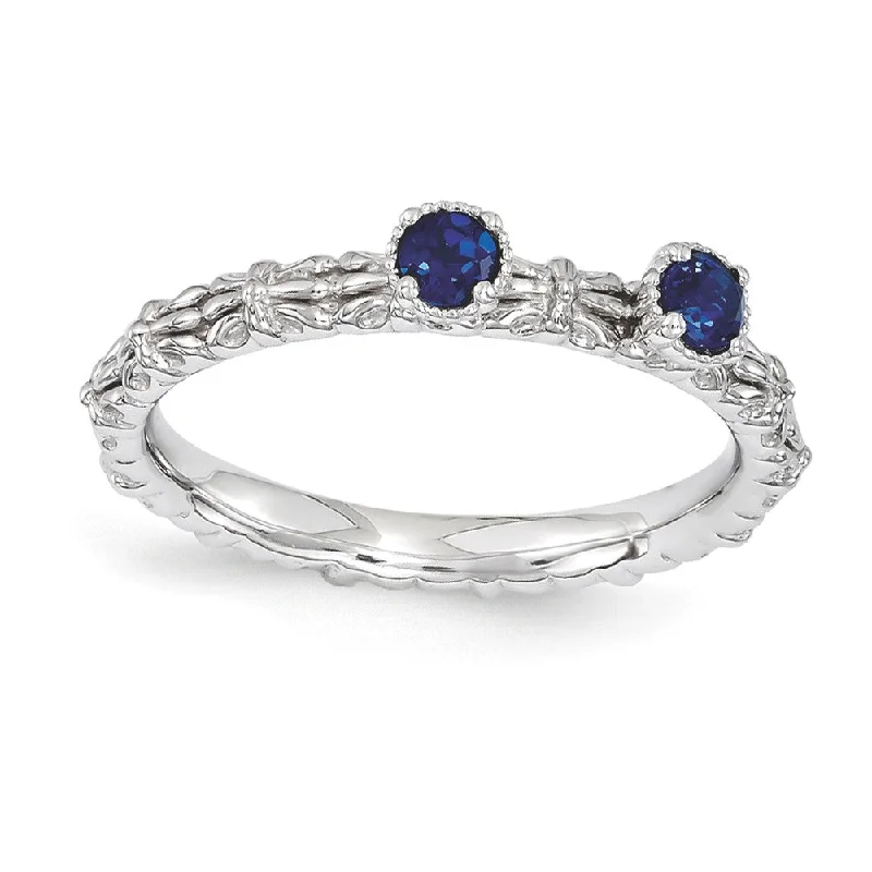 Ladies rings emotional keepsakes-Sterling Silver Stackable Created Sapphire Round Two Stone Ring