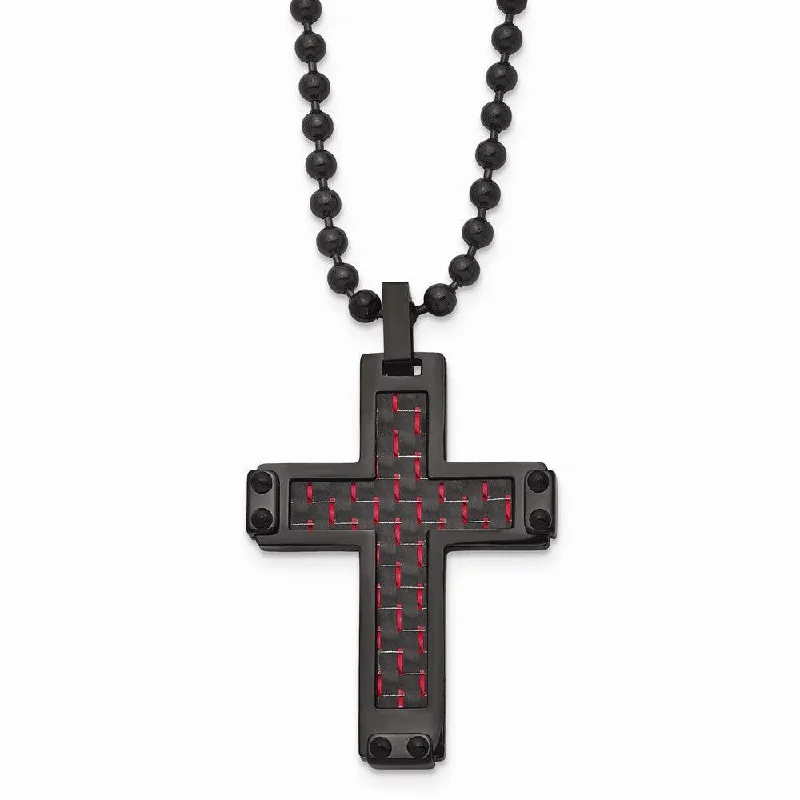 Ladies necklaces global appeal-Stainless Steel Polished Black IP Blk/Red Carbon Fiber Inlay Cross Necklace