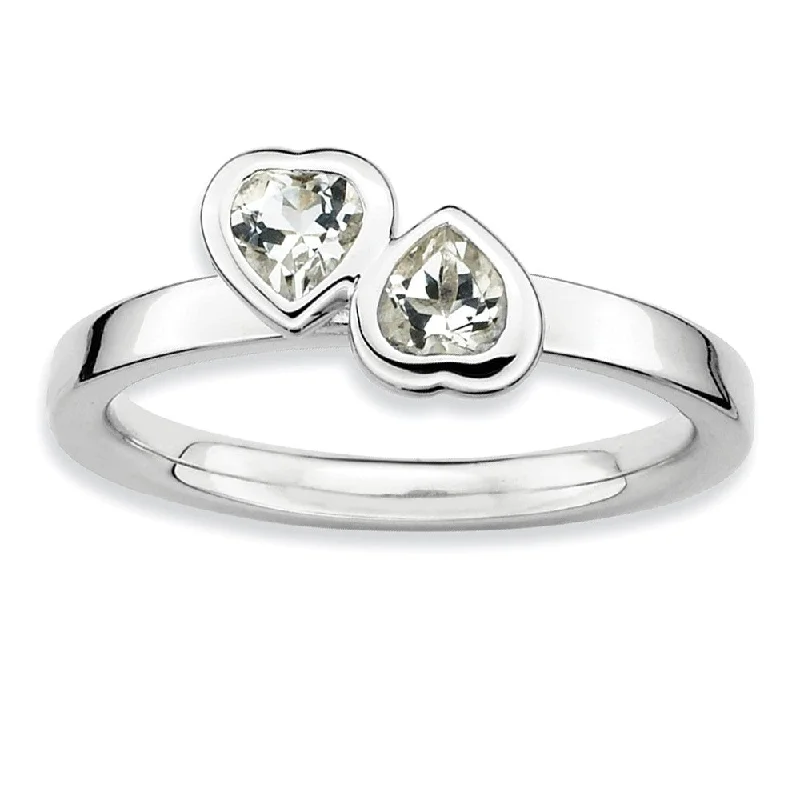 Ladies rings floral designs-Sterling Silver Stackable Double Heart White Topaz Ring