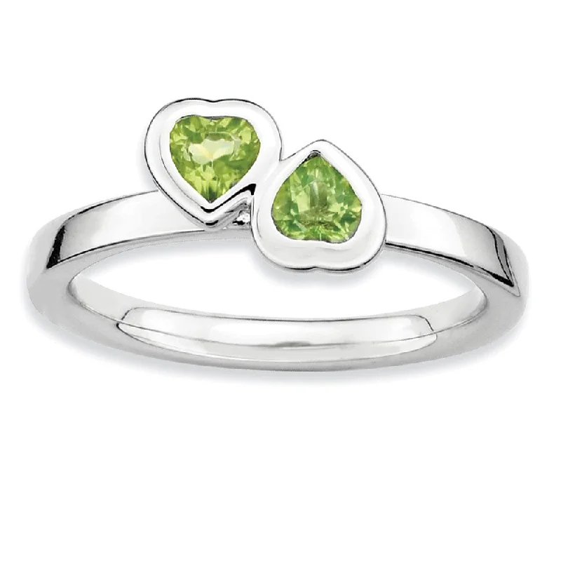 Ladies rings global brands-Sterling Silver Stackable Double Heart Peridot Ring