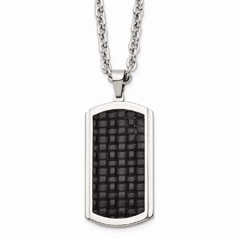 Ladies necklaces web stores-Stainless Steel Polished Leather Inlay Dog Tag Necklace