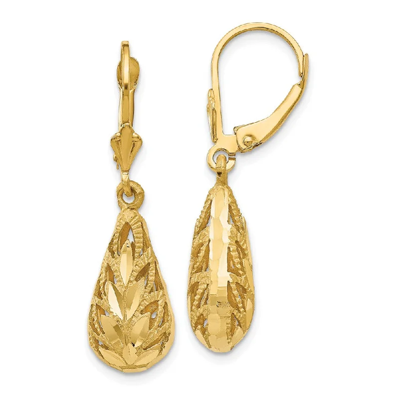 Ladies earrings shopping sites-Teardrop Foliage Dangle Lever Back Earrings in 14k Yellow Gold