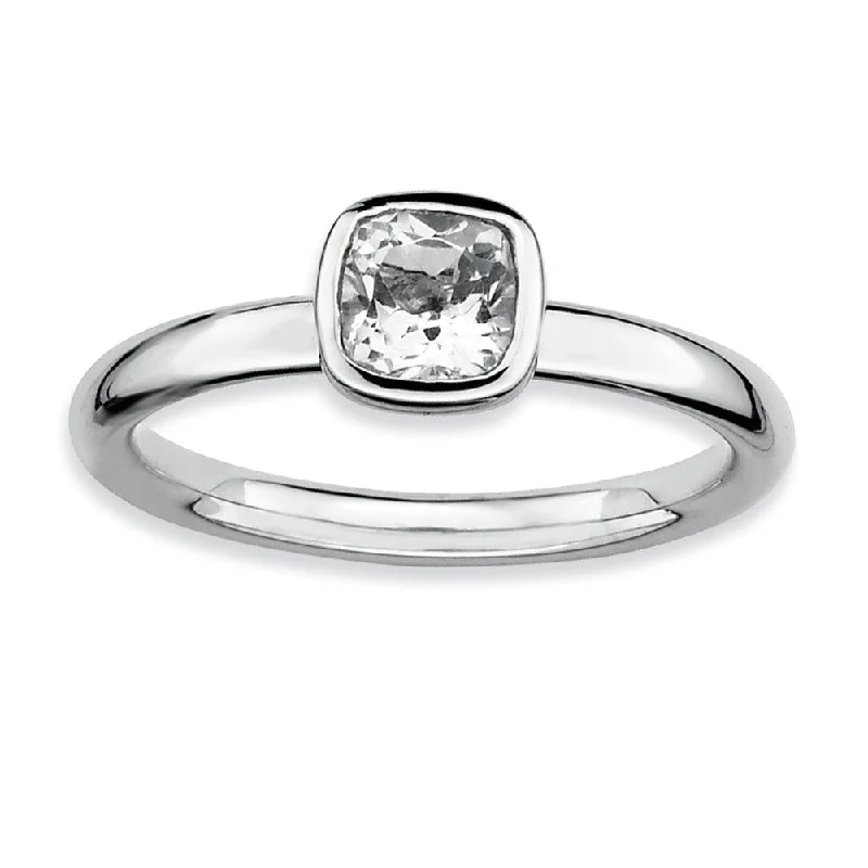 Ladies rings pinky styles-Silver Stackable Cushion Cut White Topaz Solitaire Ring