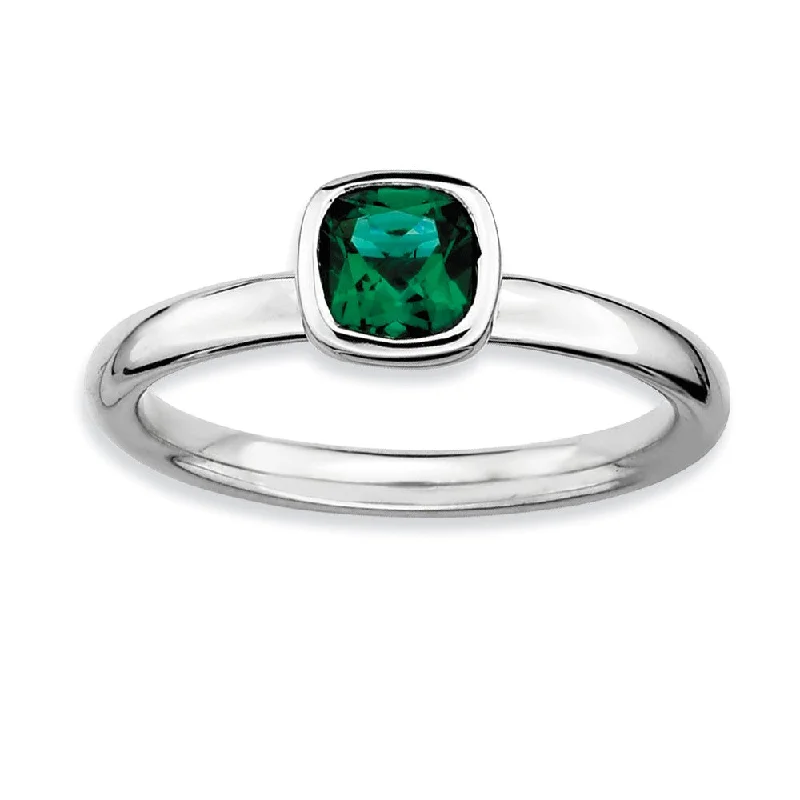 Ladies rings popular brands-Silver Stackable Cushion Cut Created Emerald Solitaire Ring