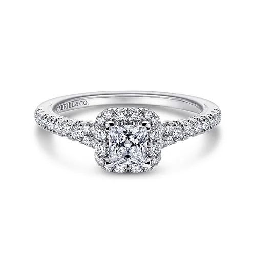 Ladies engagement rings bezel settings-14K White Gold Princess Halo Complete Diamond Engagement Ring