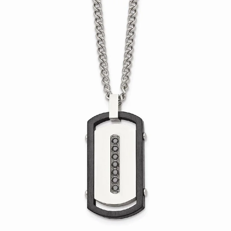 Ladies necklaces fine chains-Stainless Steel Brushed/Polished Black IP Rim Black CZ Tag Necklace