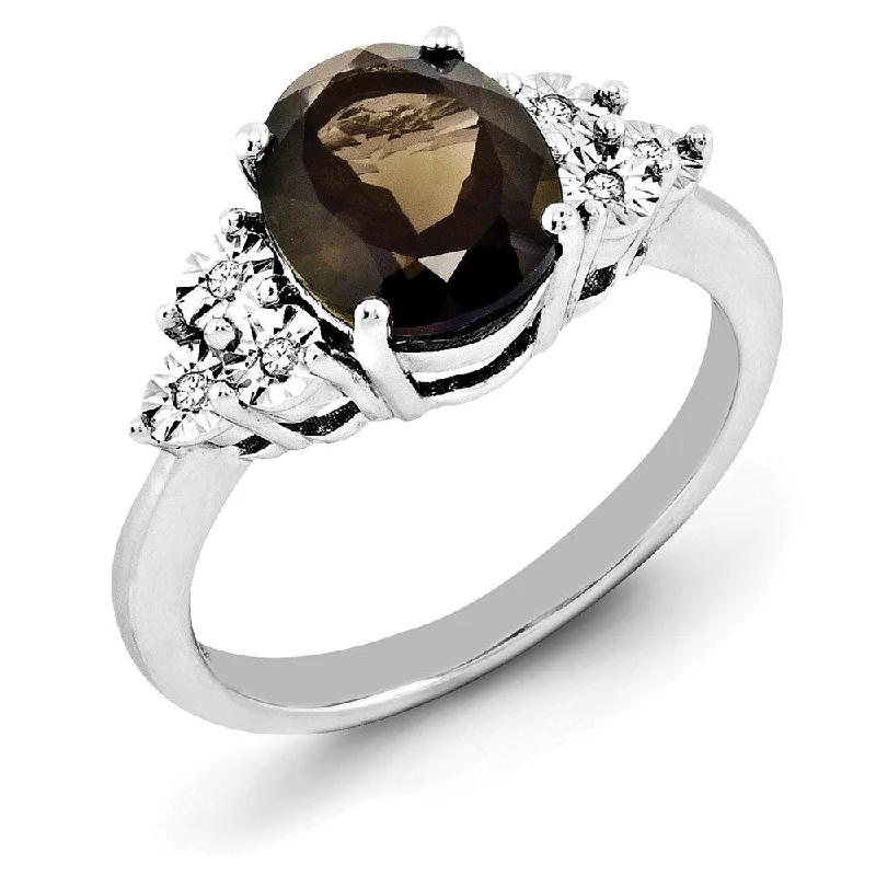 Ladies rings engagement choices-Oval Smoky Quartz & .03 Ctw Diamond Ring in Sterling Silver