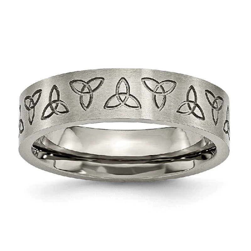 Ladies rings luxurious designs-6mm Engraved Trinity Symbol Flat Band in Brushed Titanium