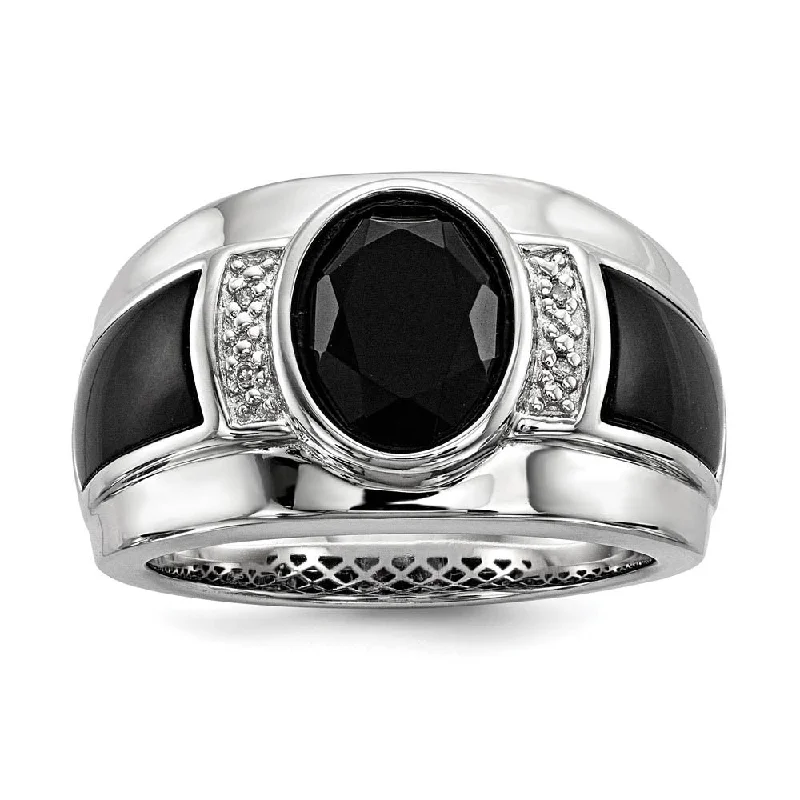 Ladies rings light luxury-Diamond & Oval Black Onyx 13mm Tapered Ring in Sterling Silver