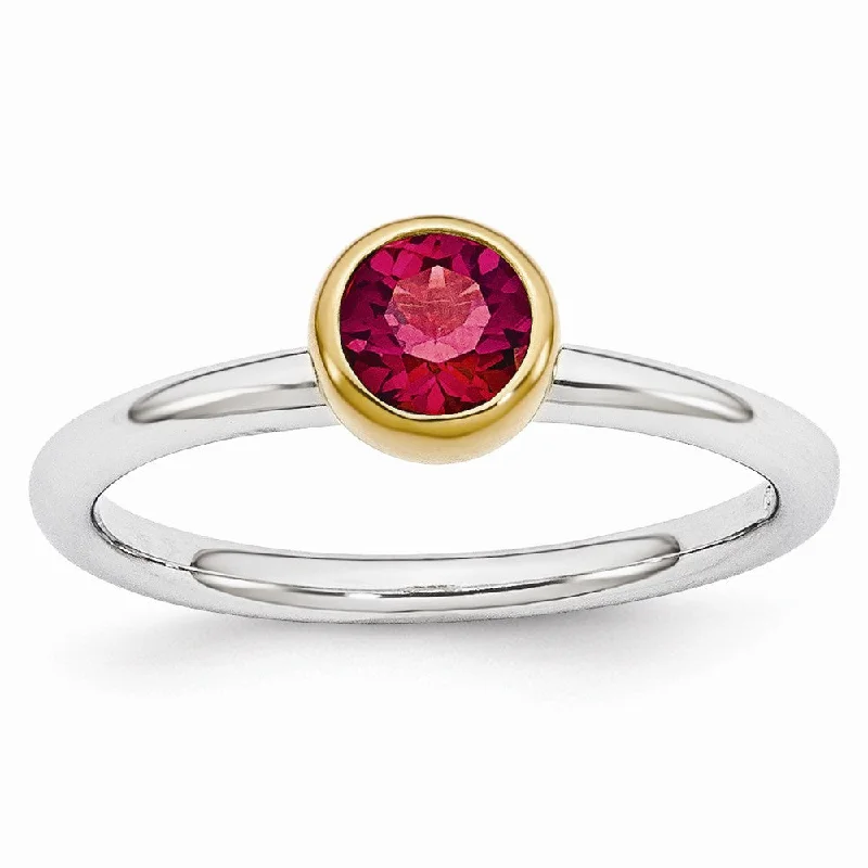 Ladies rings everyday wear-Two Tone Sterling Silver Stackable 5mm Round Created Ruby Ring