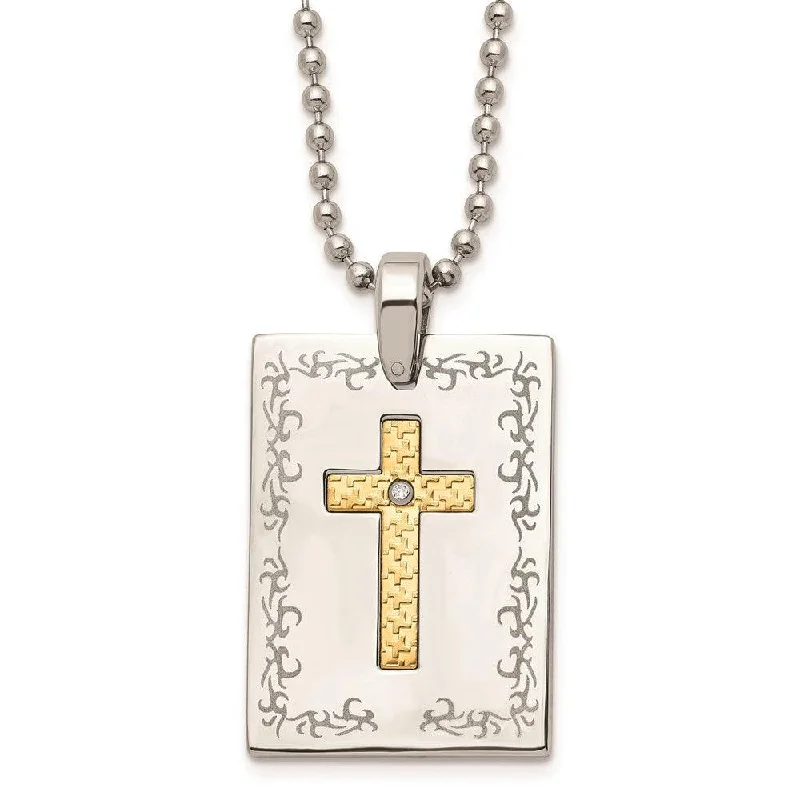 Ladies necklaces real stones-Stainless Steel w/18k Polished Laser Etched Square Cross Diamond Necklace