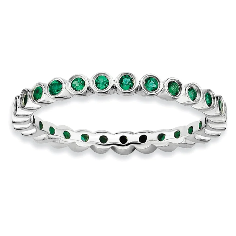 Ladies rings luxury brands-Sterling Silver Stackable Bezel Set Created Emerald 2.25mm Band