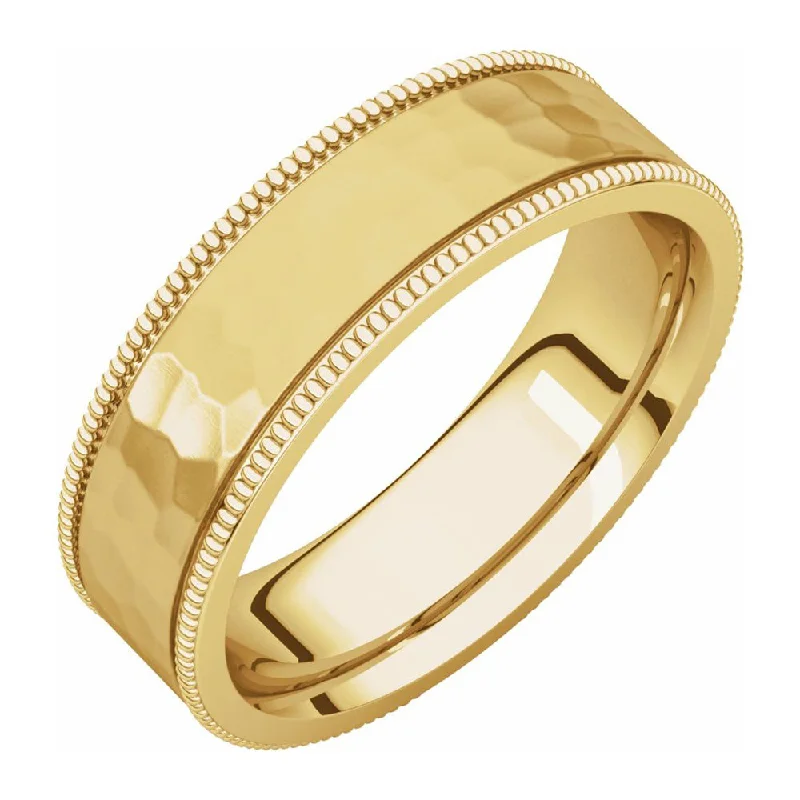 Ladies rings colorful gems-6mm 14K Yellow Gold Milgrain Hammered Flat Comfort Fit Band