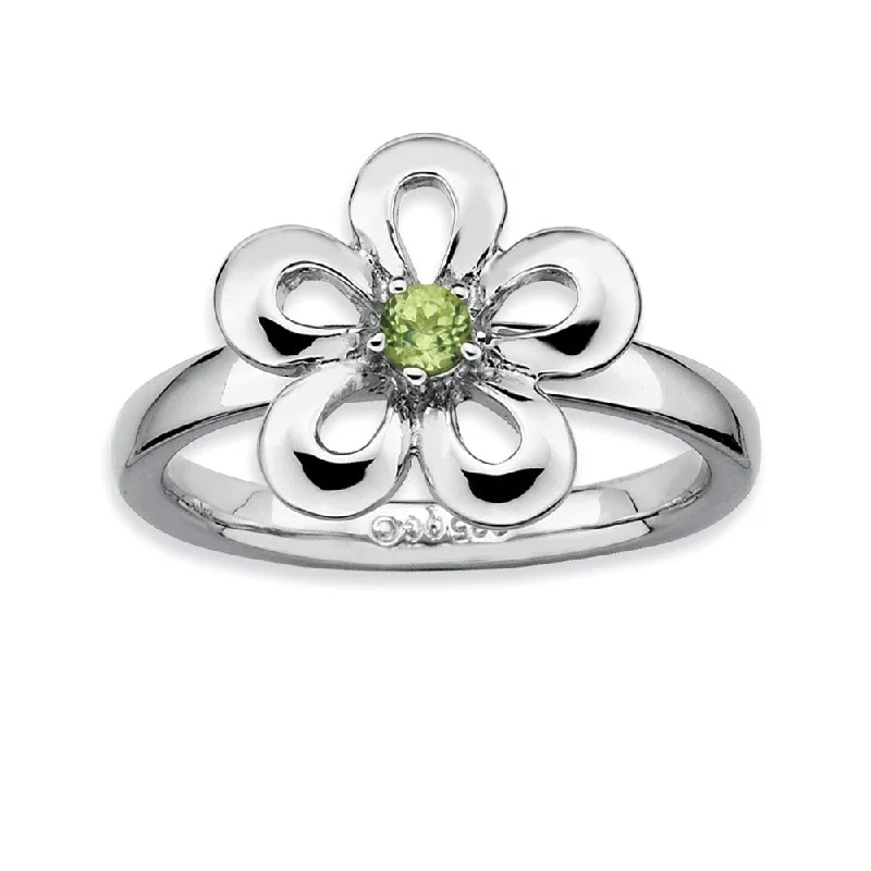 Ladies rings animal themes-Silver Stackable 13mm .12 Carat Peridot Flower Ring