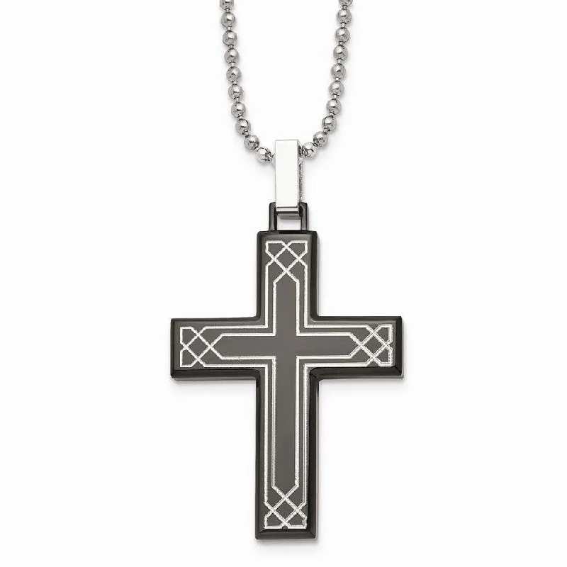 Ladies necklaces bespoke options-Stainless Steel Polished Laser Etched Black IP Cross Necklace