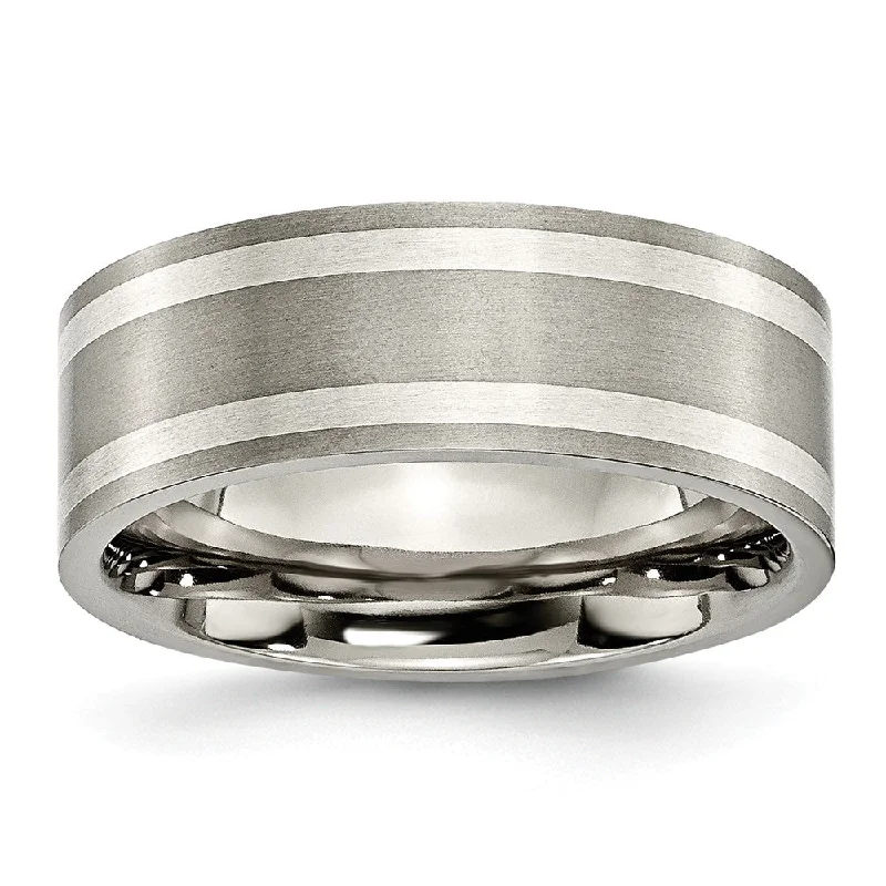 Ladies rings Valentine’s Day-Titanium and Sterling Silver Inlay, 8mm Flat Unisex Comfort Fit Band