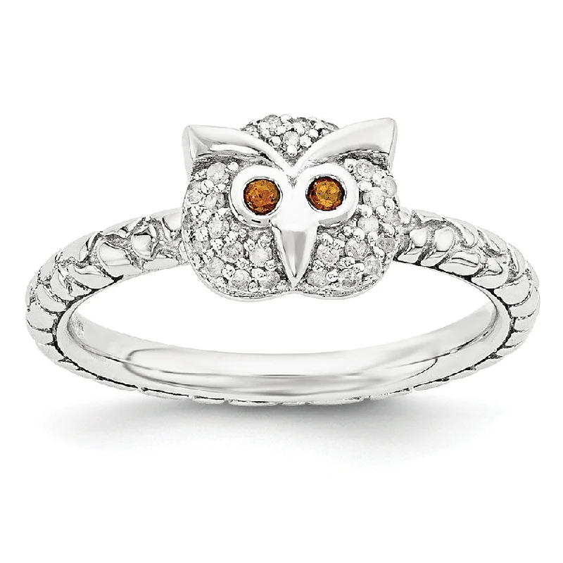 Ladies rings handmade pieces-Sterling Silver, Garnet & .135 Ctw I3 H-I Diamond 7mm Owl Stack Ring