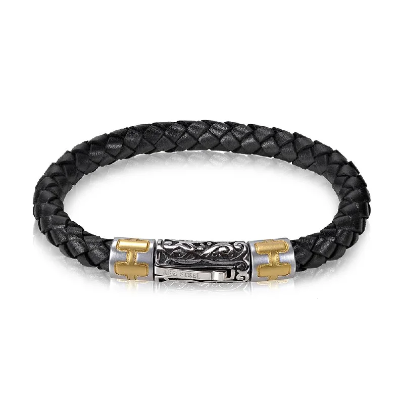 Ladies bracelets faux jewels-A.R.Z Men's 6mm Steel Black Leather 8.5  Bracelet