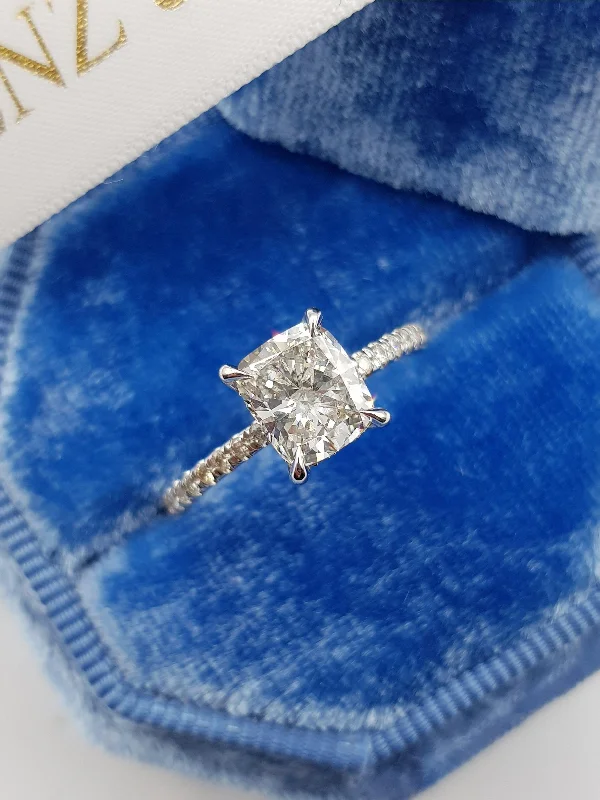 Ladies engagement rings price options-1.80 Carats Cushion Cut Micropave Side Stones Hidden Halo Diamond Engagement Ring