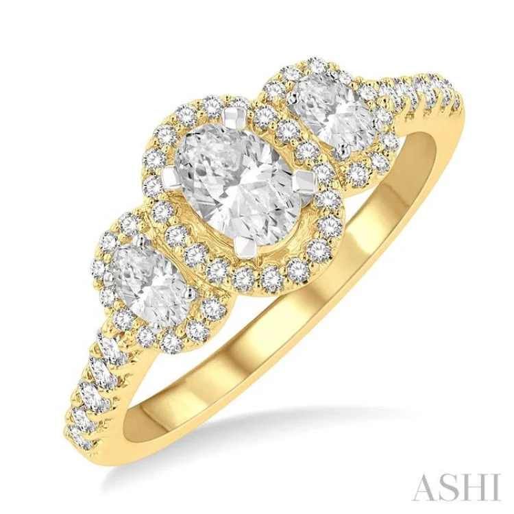 Ladies engagement rings heirloom styles-1 Ctw Past, Present & Future Round Cut Diamond Engagement Ring With 3/8 ct Oval Cut Center Stone in 14K Yellow and White Gold