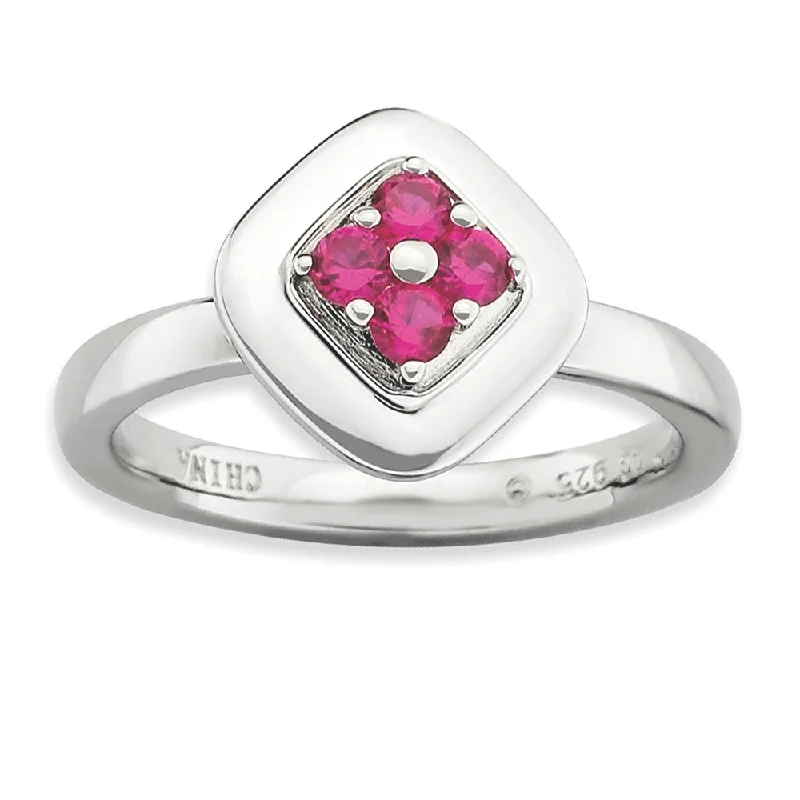 Ladies rings classic designs-Sterling Silver Stackable Rhombus Created Ruby Ring