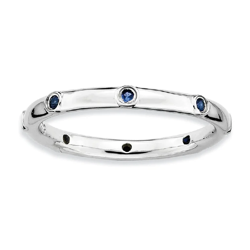 Ladies rings ruby gems-Sterling Silver Stackable Created Sapphire Accent 2.25mm Band