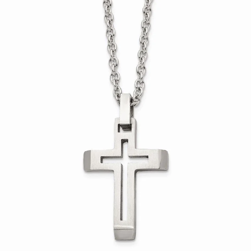 Ladies necklaces cost range-Stainless Steel Polished and Brushed Cut-out Cross Necklace