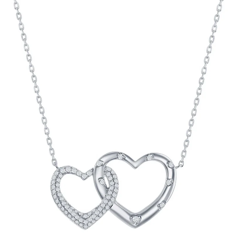 Ladies necklaces extended chains-Classic Women's Necklace - Sterling Silver Micro Pave CZ Interlocking Hearts | M-6630