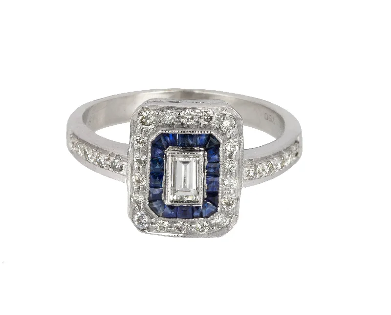 Ladies engagement rings edgy flair-Womens Estate 18K White Gold 0.20ct Diamond Emerald-Cut Sapphire Engagement Ring