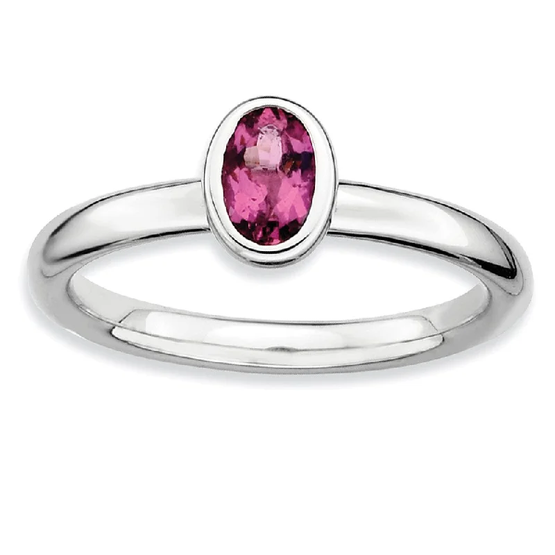 Ladies rings creative designs-Sterling Silver Stackable Oval Pink Tourmaline Solitaire Ring