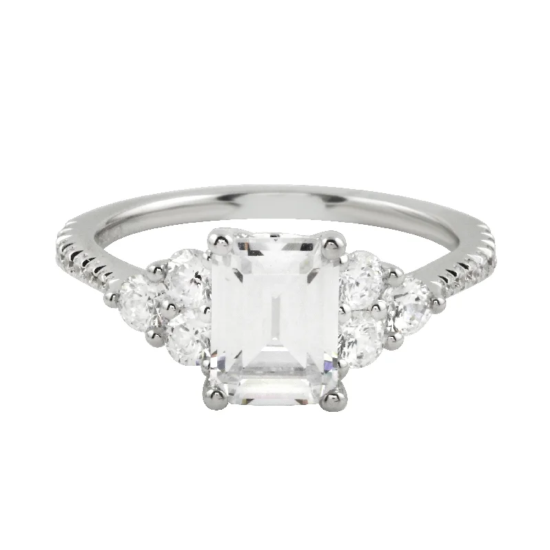 Ladies engagement rings custom touches-Emerald Cut Diamond Trio Engagement Ring