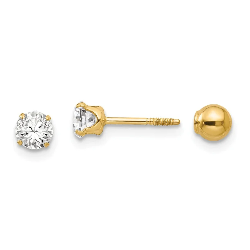 Ladies earrings memory value-Reversible 4mm Crystal and Ball Screw Back Earrings in 14k Yellow Gold