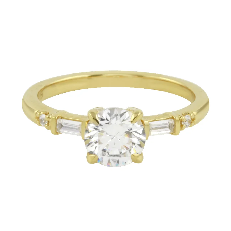 Ladies engagement rings classic designs-Vintage Inspired Round Brilliant and Baguette Diamond Engagement Ring