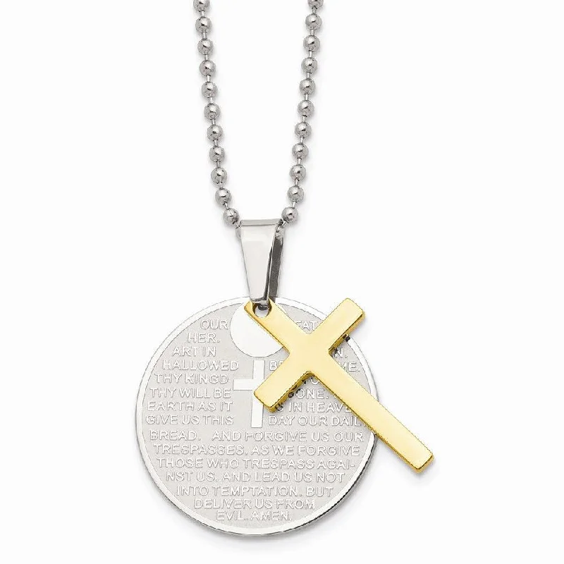 Ladies necklaces milestone picks-Stainless Steel Brushed/Polished Yellow IP Lords Prayer Cross Necklace