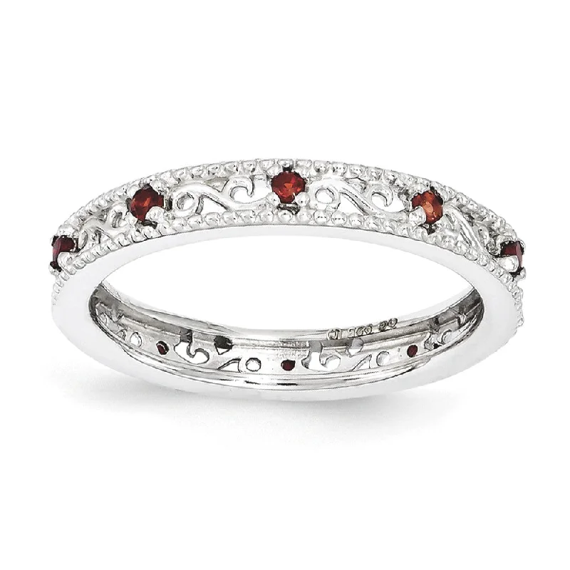 Ladies rings hypoallergenic-3mm Sterling Silver Stackable Expressions Garnet Scroll Band