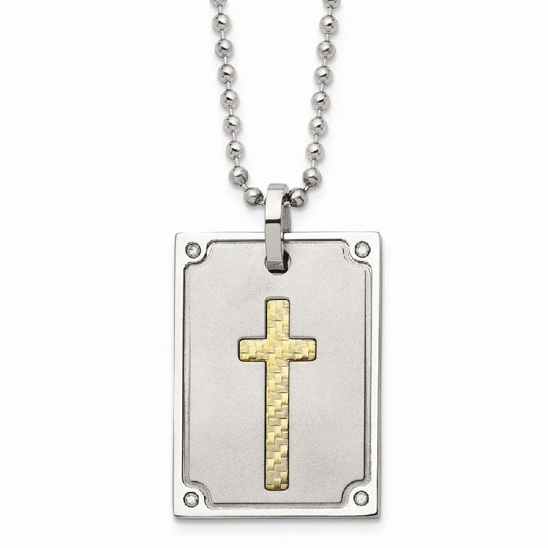 Ladies necklaces bride essentials-Stainless Steel w/18k Matte and Polished Diamond Square Necklace