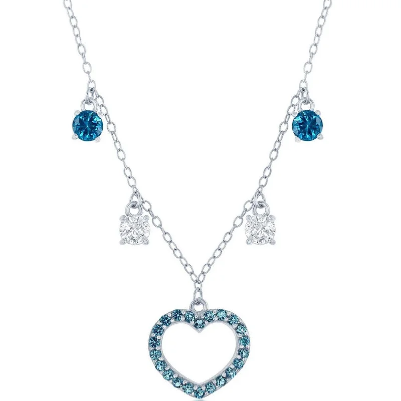 Ladies necklaces subtle luxury-Classic Women's Necklace - Sterling Silver Station White and Blue CZ Heart | M-6942