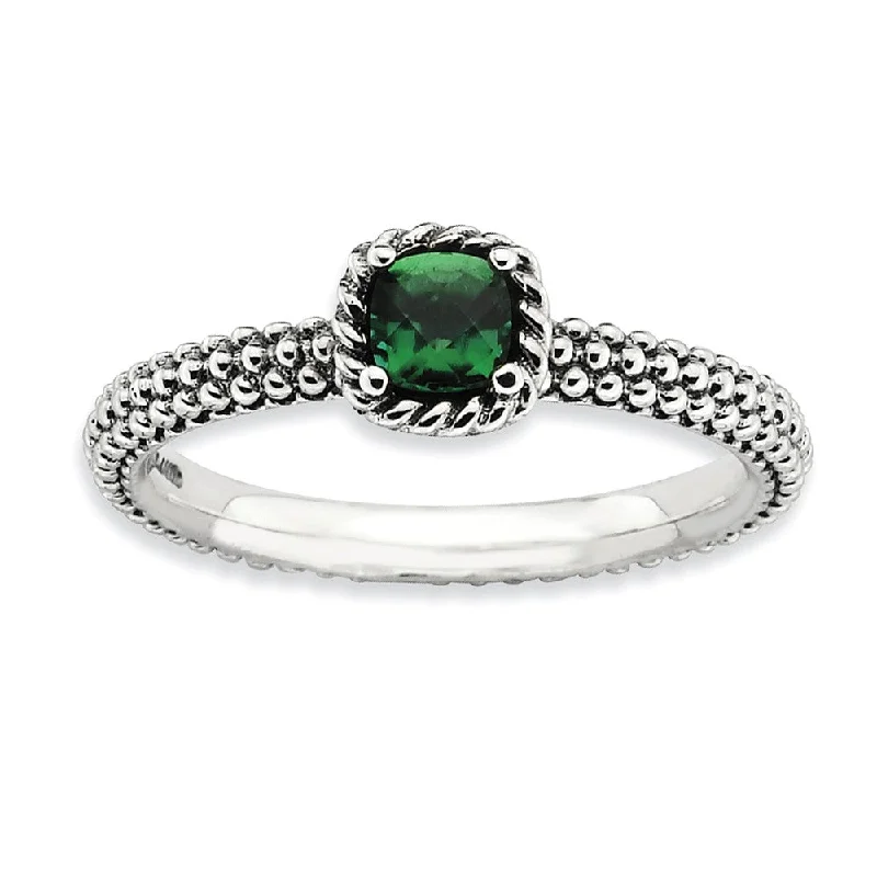 Ladies rings everyday wear-Antiqued Sterling Silver Stackable Created Emerald Ring