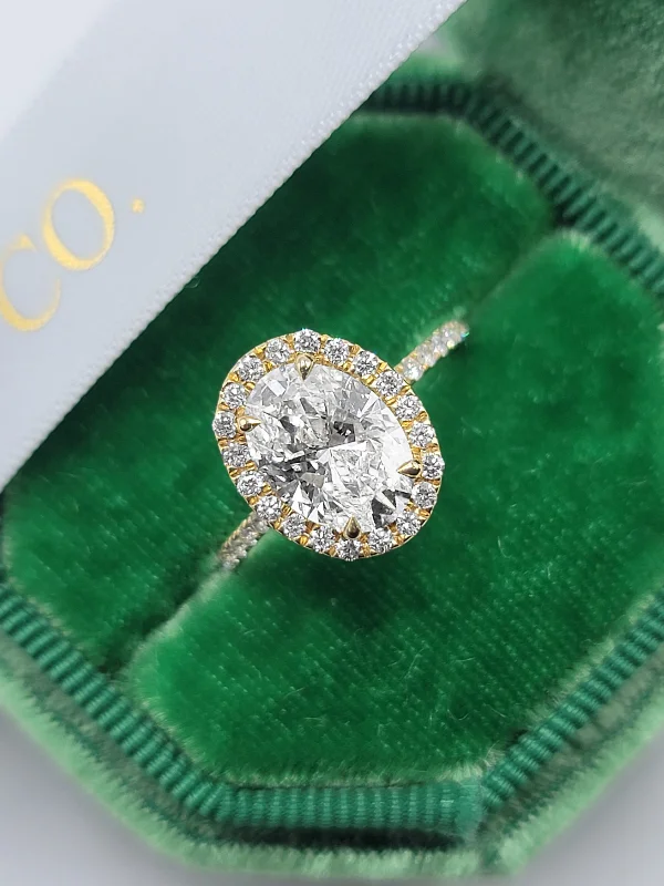 Ladies engagement rings buyer reviews-2.15 Carats Lab Grown Oval Cut Micropave Halo Side Stones Diamond Engagement Ring