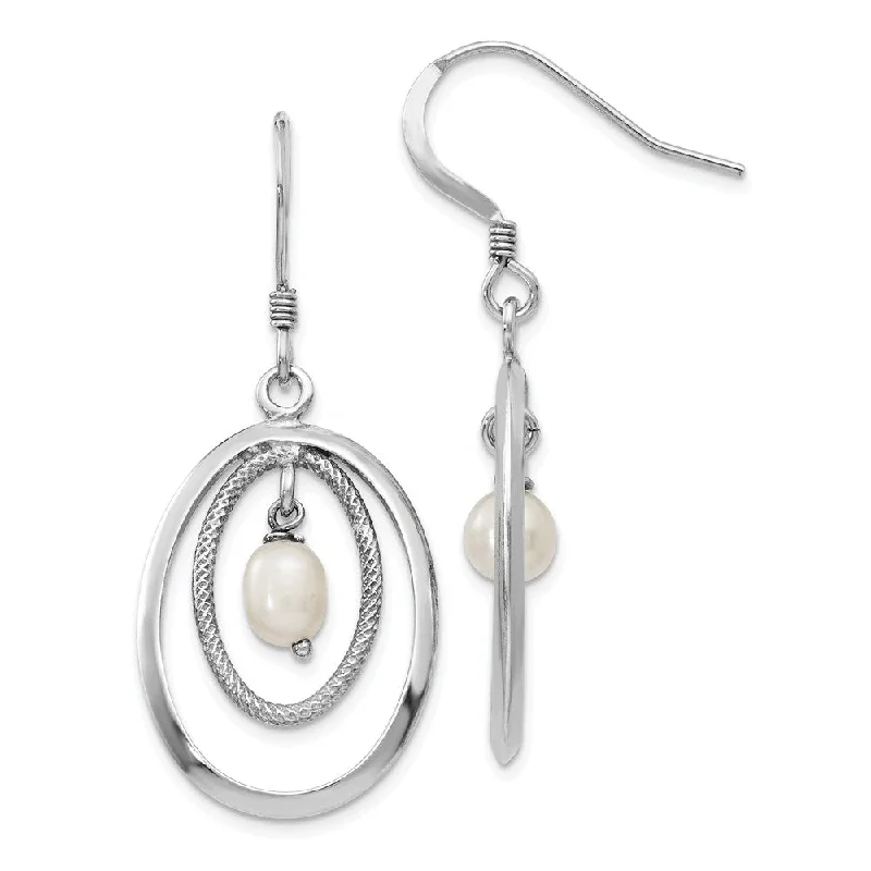 Ladies earrings age styles-18 x 39mm Silver, FW Cultured White Pearl & Oval Dangle Earrings