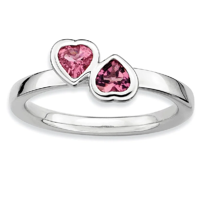 Ladies rings group designs-Sterling Silver Stackable Double Heart Pink Tourmaline Ring