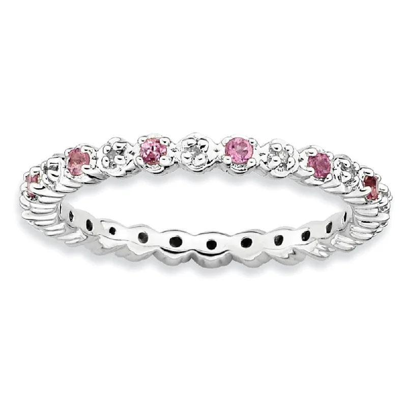 Ladies rings personalized-2.25mm Stackable Pink Tourmaline & .04Ctw HI/I3 Diamond Silver Band