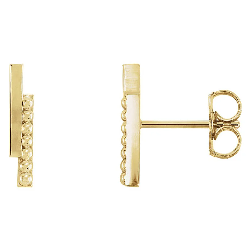 Ladies earrings bespoke styles-2.3 x 12mm (7/16 Inch) 14k Yellow Gold Polished & Beaded Bar Earrings