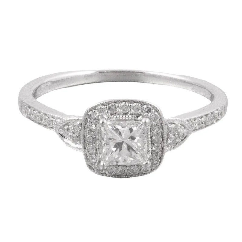 Ladies engagement rings solitaire gems-10k White Gold Princess Cut Diamond Halo Engagement Ring 0.62ctw Size 7